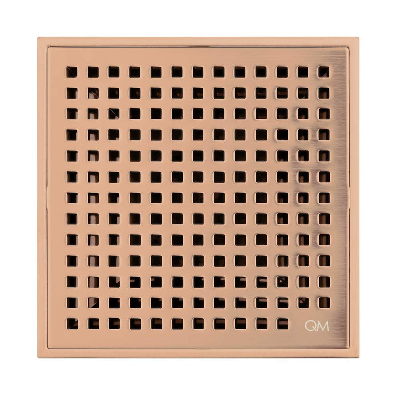 QM Square Shower Drain, Grate made of Stainless Steel Marine 316 and Base made of ABS, Lagos Series Mira Line, 5 inch 3/4, Bronze Finish, Kit includes Hair Trap/Strainer and Key 5 3/4 x 5 3/4