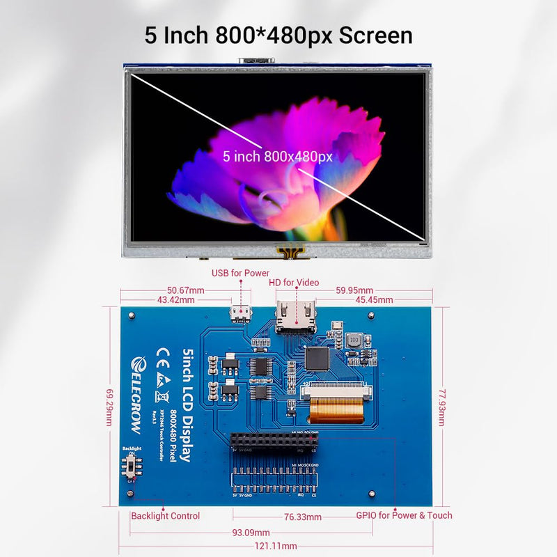 ELECROW 5 Inch Touchscreen for Raspberry Pi Screen 800x480 TFT LCD Screen Monitor Compatible with Raspberry Pi 5 4 3 Black Banana Pi Jetson Nano Windows 11 10 8 7