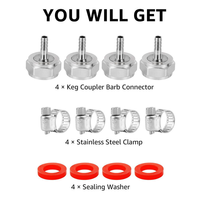 Keg Coupler Barb Connector 1/4'' Beer Barb G5/8 Thread Hex Nut 3/16 Beer Line Connectors with Clamps Keg Coupler Parts Beer Keg Coupler Fitting for Sankey Keg Couplers-4 Pack 4pcs