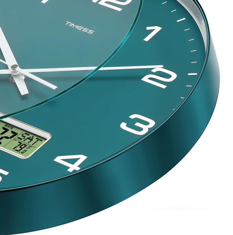 Wall Clock, 12" Dial Non-Ticking Silent Battery Operated Analog with LCD Display for Perpetual Calendar and F° Temperature, Ideal Modern Home, Bedroom, Kitchen, Office Decor (Green) 12 Inch Green
