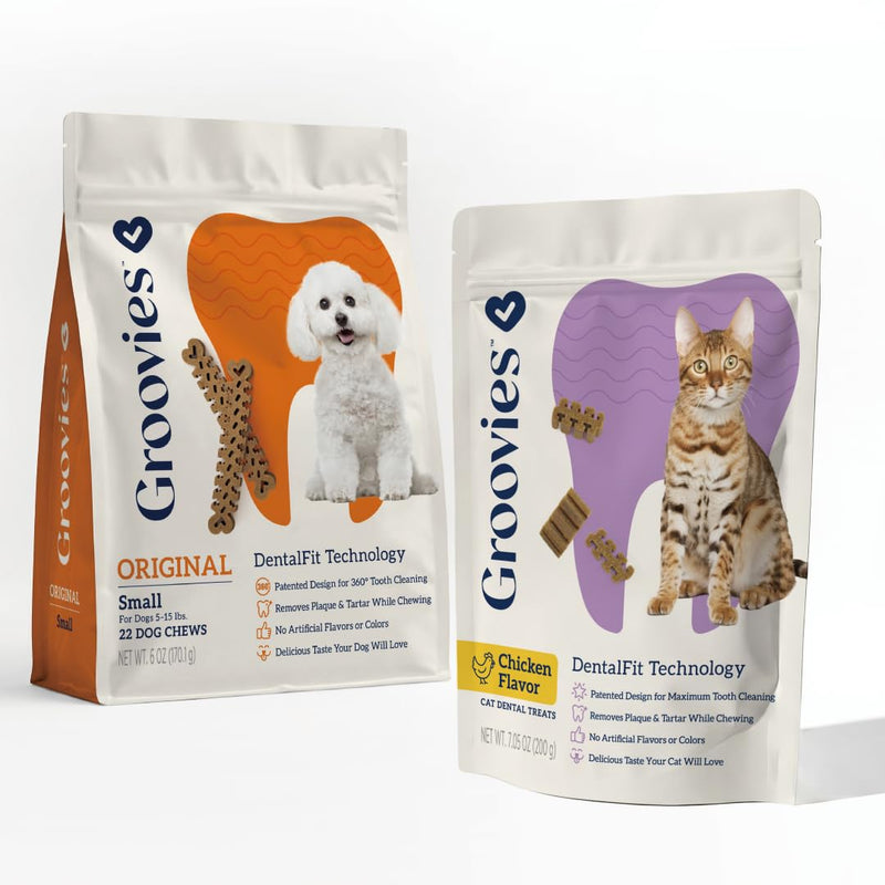 Groovies Dog & Cat Dental Bundle – Flexible Dog Chews (Small 5–15 lb, 22 Ct) + Cat Daily Dental Treats Salmon Flavor (7.05oz, 460 Treats), DentalFit Technology for Tartar Control & Fresh Breath, USA M