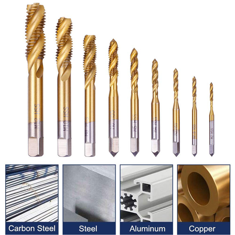 Rocaris 9 Pack of M2 M2.5 M3 M4 M5 M6 M8 M10 M12 Titanium Coated HSS Spiral Flute Metric Taps Set 9 Pcs