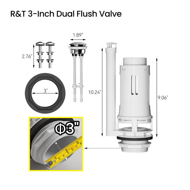 R&T 3-Inch Toilet Flush Valve Replacement Kit with Push Button, Tank to Bowl Gasket with SUS304 Bolts, Toilet Repair Kit Inside Tank for 2-piece Toilet A2475M 3-inch Drain