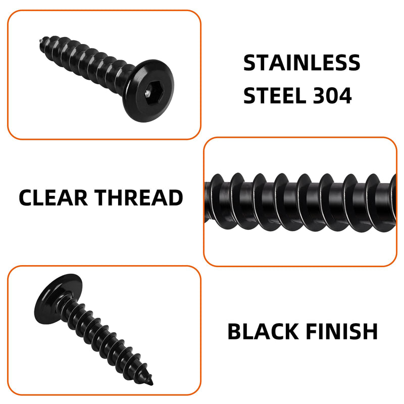 M3 x 8mm Flat Head Socket Cap Self Tapping Screws, 304 Stainless Steel, Hex Drive, Black Finish, 100 PCS M3 x 8mm