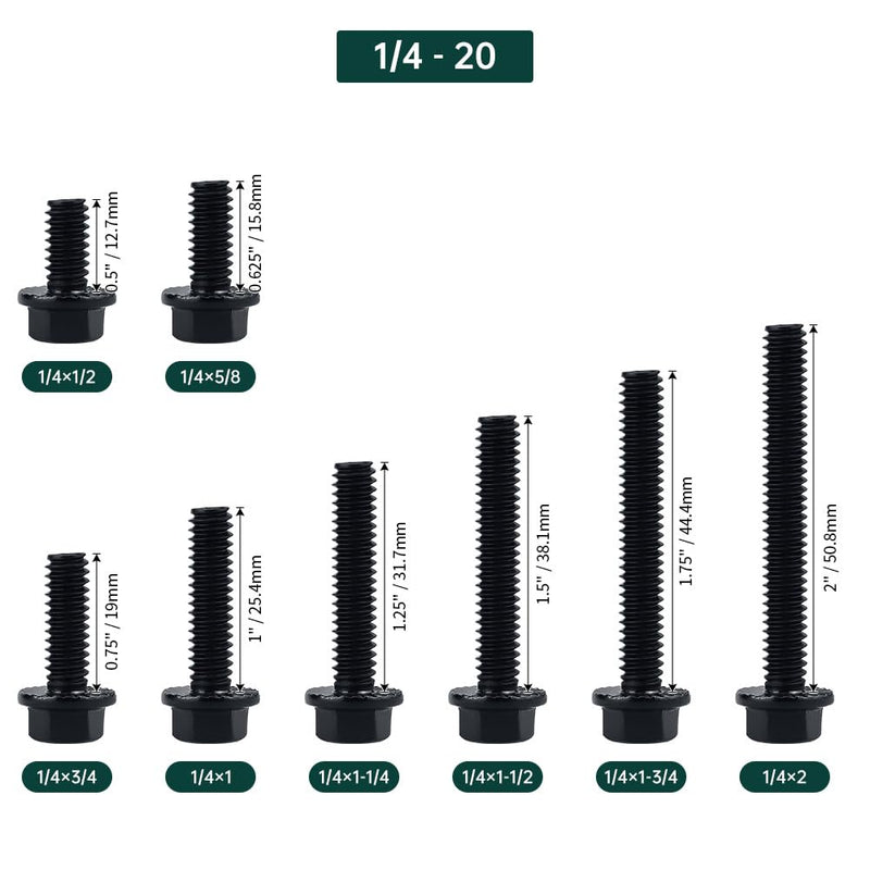 1/4-20 x 2 Flanged Hex Bolts (20 pcs), 18-8 (304) Stainless Steel, External Hex Drive, Hexagon Head Bolts Screws with Flange Washer, Fayeploo 1/4-20 x 2 Black