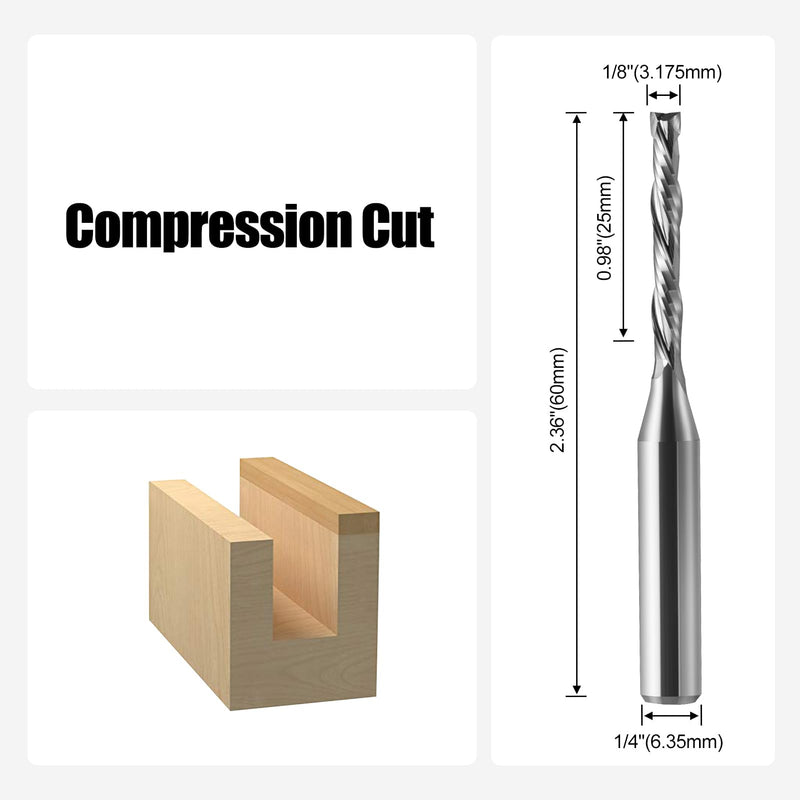 2 Pack Compression Spiral Router Bit 1/4 Inch Shank 1/8 Inch Cutting Dia. Upcut and Downcut CNC Router Bit Solid Carbide, Ideal for Wood Cutting, Slot Mortise, Engraving 2