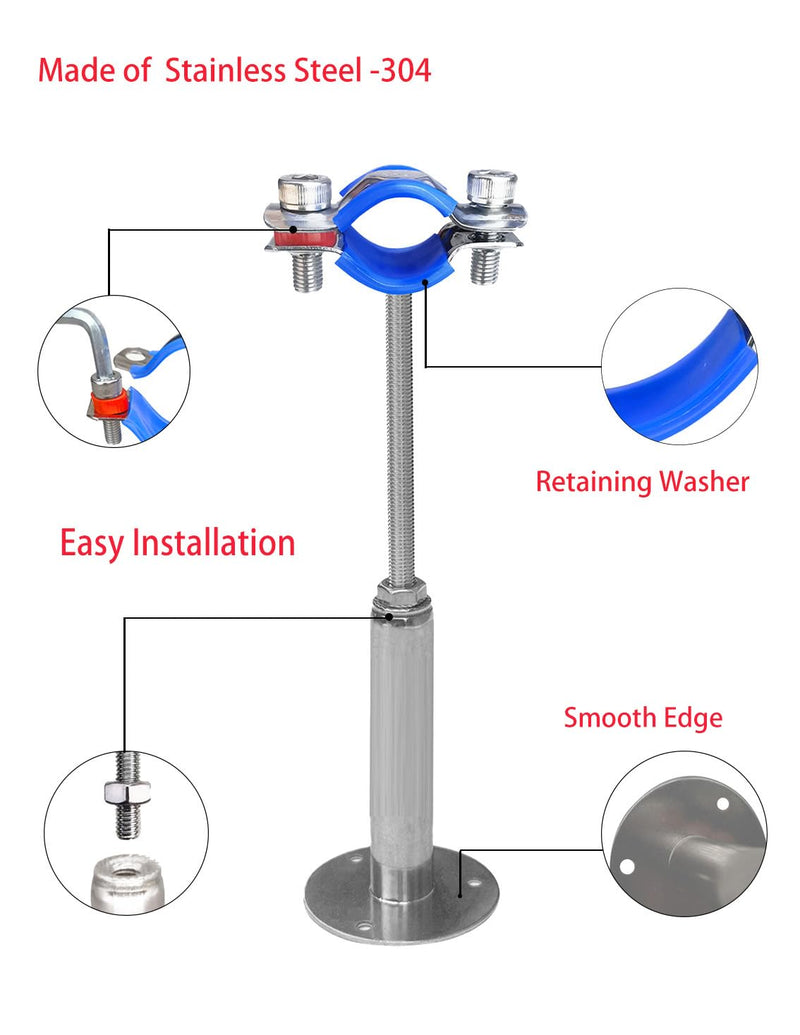 Wall Mount Ceiling Mount Pipe Supports,Adjustable Pipe Clamps Stainless Steel 304,2PCS Suitable for Pipe OD 25-27mm （3/4" Pipe）Adjustable Height 100-200mm Adjustable Height 100-200mm