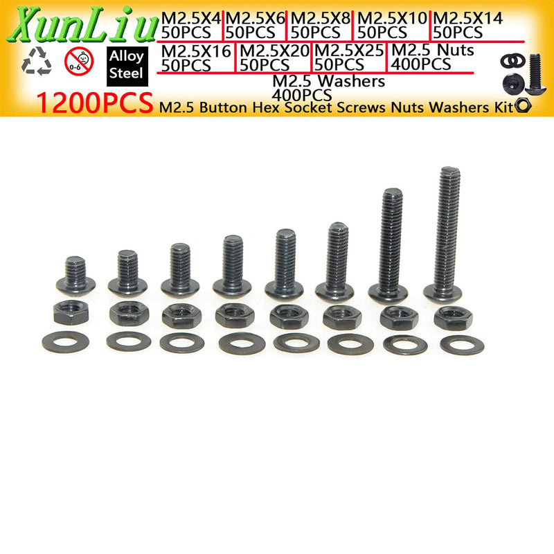 1200 PCS M2.5 Series Button Head Hex Socket Screws Washers Nuts Kit with Modular Box (M2.5 Series)