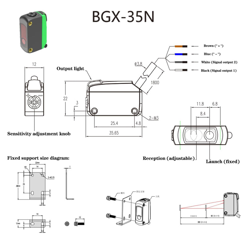 BGX-35N NPN Photoelectric Sensor,Diffuse Reflective Spot Size 2MM Sensor,LED Display Light Detection Distance 400MM BGX-35N (NPN)