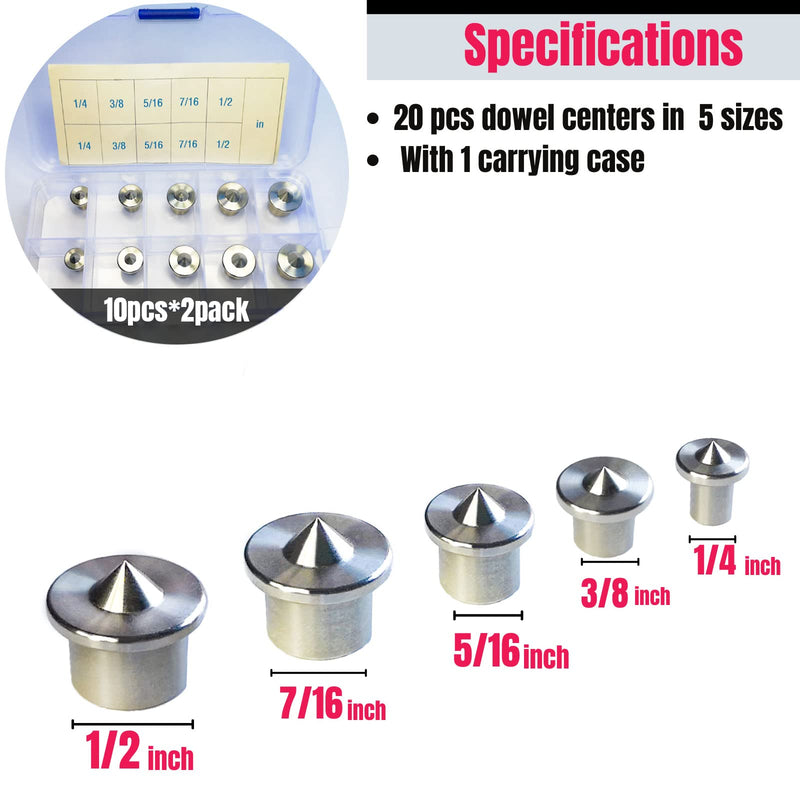 20PCS Stainless Steel Dowel Pin Centers Drilling Hole Tool Set with Sharp Point for Woodworking Tools, Solid Dowel and Tenon Center Transfer Plugs (5 Sizes of 1/4" 3/8" 5/16" 7/16" 1/2") by MinliGUY Imperial Sized-20pcs