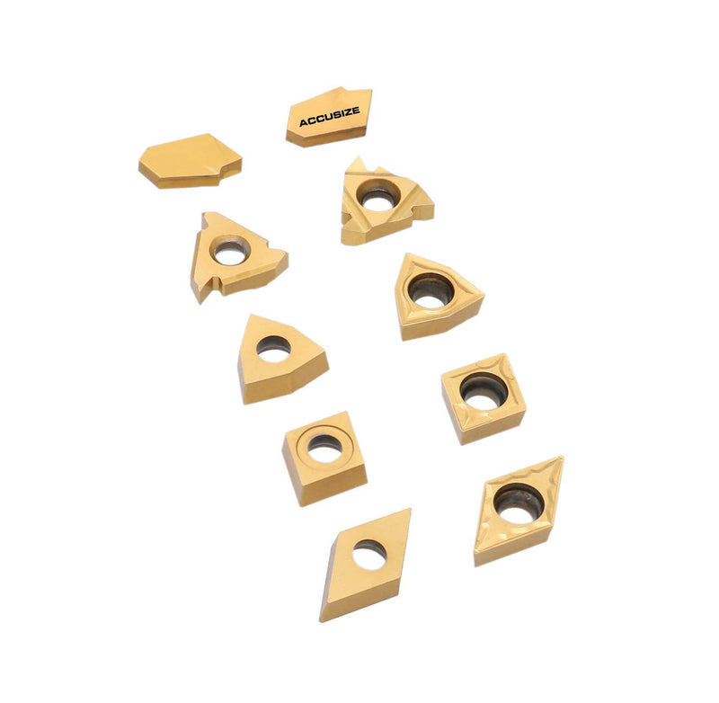 Accusize Carbide Inserts Set for 2988-0034, 10 Pc Total, Grade C6 | 2 Each of 16ER, GTN-3, WCMT32.51, CCMT32.51, and DCMT32.51; TiN and CVD Coated for Steel, 2988-0034INSERTS
