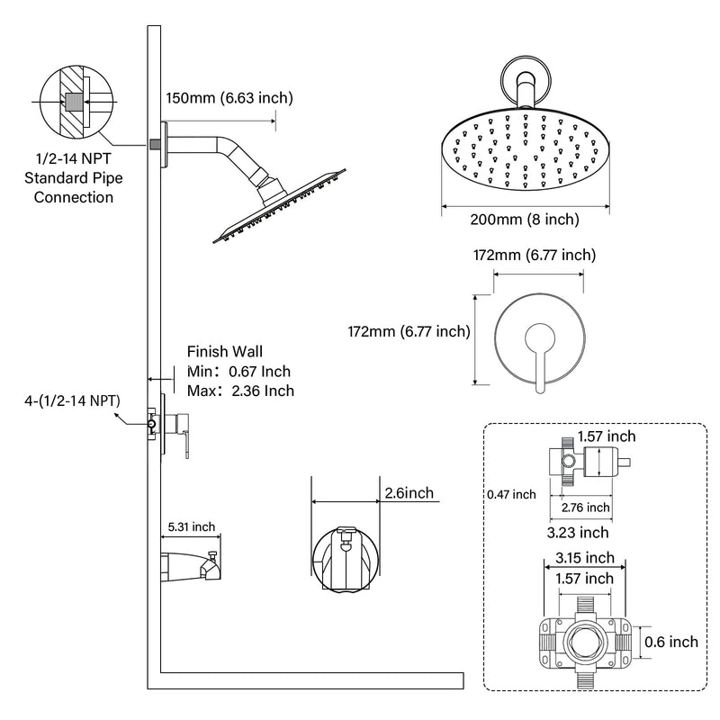 HUCKLE Gold Shower Faucet Set, Rain Shower Head, Bathtub Faucet, 8 Inch Brushed Gold