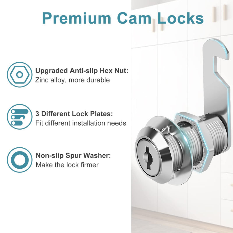Cabinet Cam Lock Keyed Alike, 1-1/8'' (Length) Cylinder Fits on 7/8'' Max Panel Thickness, Secure File Drawer Mailbox RV Storage Replacement Set, Chrome-Finish Zinc Alloy (1-1/8 Inch 2Pcs) 1-1/8 Inch 2Pcs