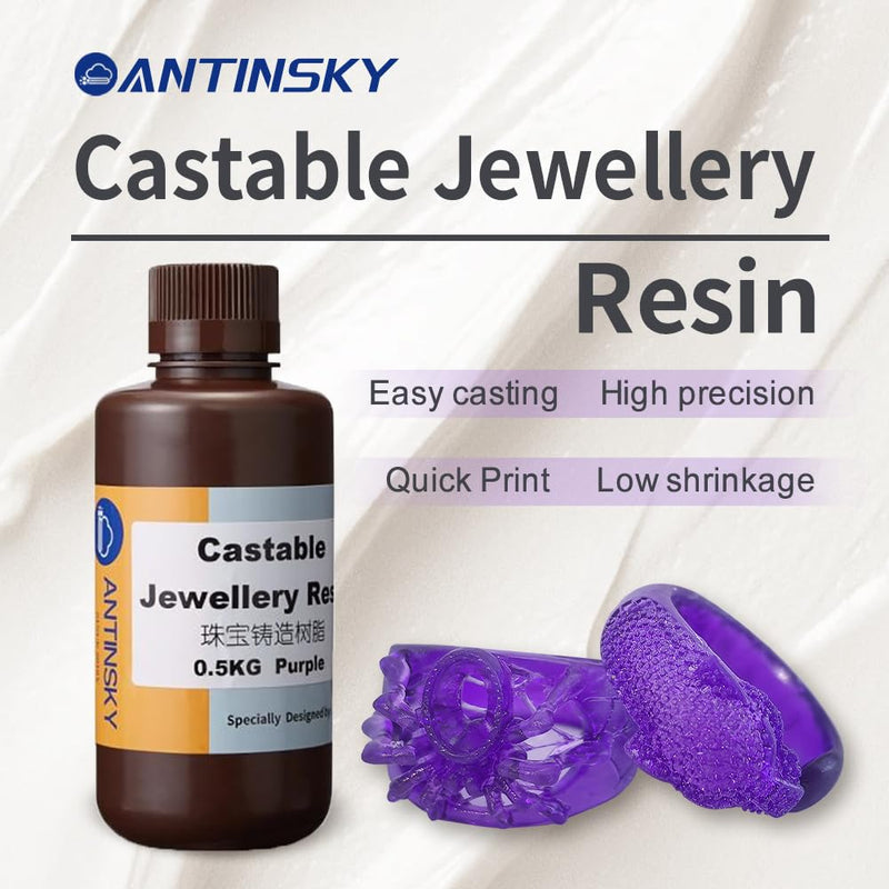 Antinsky Castable Jewellery Resin for DLP LCD UV-Curing 395-405nm Resin 3D Printer High Wax 75% Easy to Print Use and Burn High Resolution Making Jewelries and Metal Parts Purple 500G