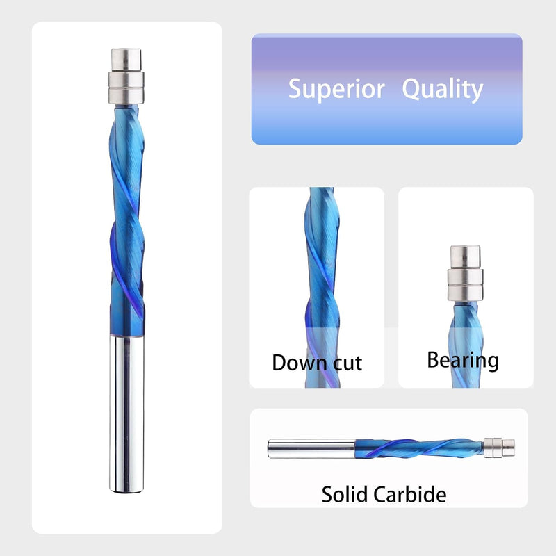 3PCS Spiral Flush Trim Router Bit Set 1/4 Inch Shank Spiral Router Bits with Nano Coated Down Cut Template Pattern Router Bit for Woodwork Trimming NE04 3 DOWN CUT(NANO COATED)