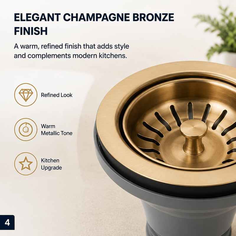 72010-CZ Champagne Bronze Sink Drain Flange and Strainer, Fit 3.5 inch Standard Kitchen Sink and 1.5 inch Pipe, Champagne Gold Brushed 304 Stainless Steel, Replace Delta Faucet Champagne Bronze