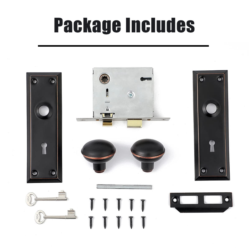 2 Pack Mortise Lock Set for Interior Door, Antique Door Knobs with Lock and Skeleton Key, Old Door Knob Replacement Fits 1-3/8 in 1-3/4 in, Oil Rubbed Bronze Finish Mortise(2 Pack)
