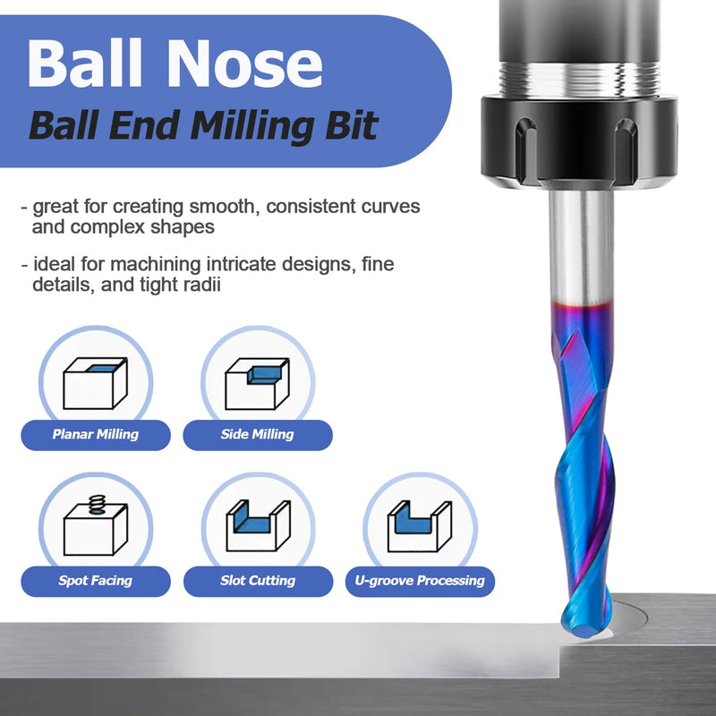 Mesee Ball Nose End Mill CNC Router Bit 1/4 Inch Shank Carbide Ball Nose Spiral Upcut Router Bit 1-1/8" Cutting Length Nano Blue Coating Ball End Milling Bit Woodworking Carving Tool, 1/4" Cutting Dia