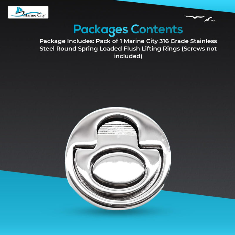 MARINE CITY Round Spring Loaded Flush Lifting Ring, 316-Grade Stainless Steel, 2 Inch Diameter, Corrosion-Resistant