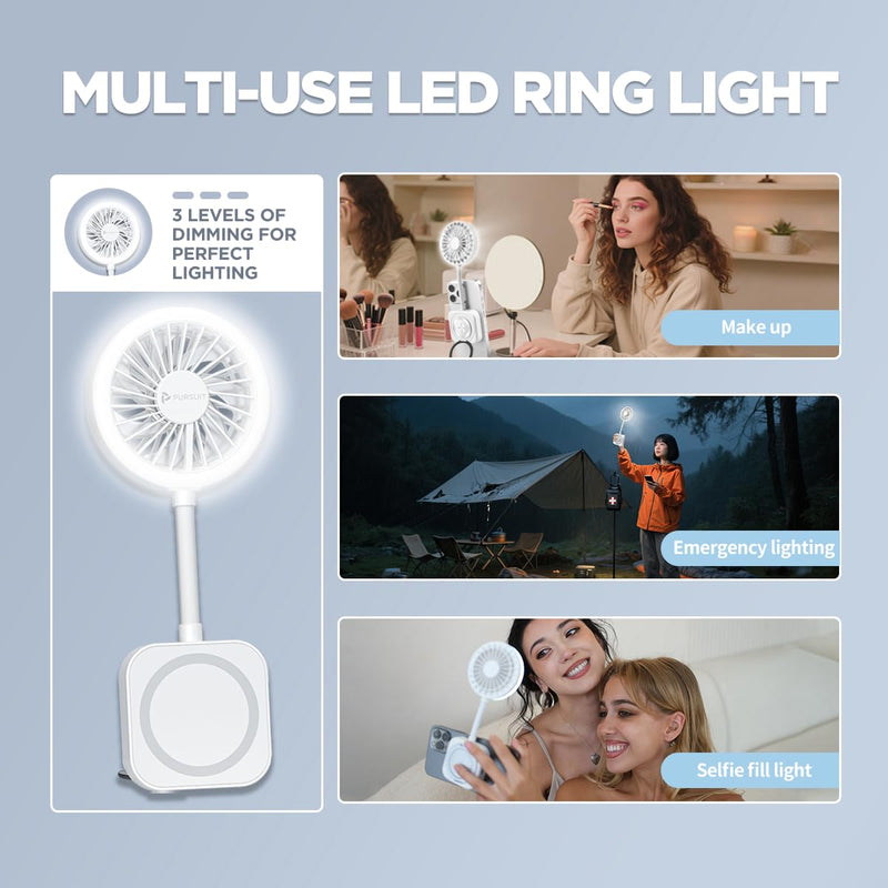 Magnetic Portable Fan Magsafe Compatible Mini Personal Fan with Adjustable Ring Light & Hands-Free Phone Mount, Ultra-Lightweight 6000RPM Powerful table fan for iPhone 17/16 pro, Desk, Car & Outdoor