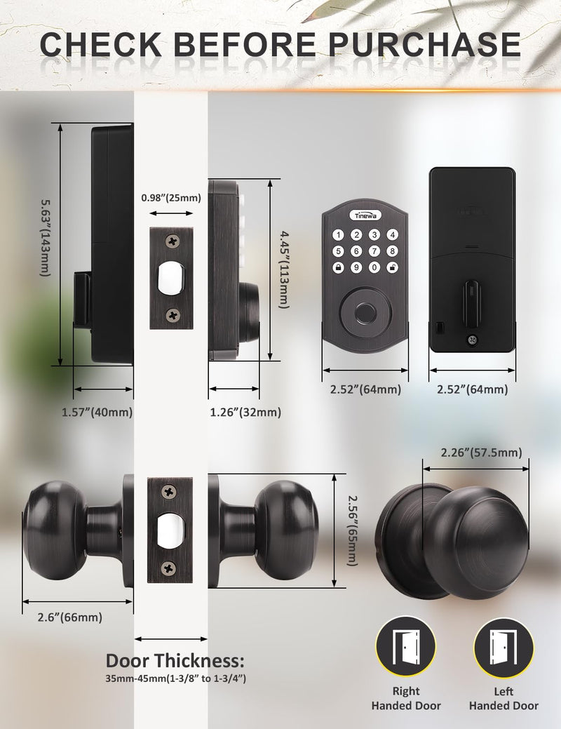 Tinewa Smart Locks for Front Door - Oil Rubbed Bronze Keyless Entry Door Lock with Flat Ball Door Knobs, Electronic Digital Keypad Deadbolt with Fingerprint, APP Control, Easy Installation Oil Rubbed Bronze-Flat Ball Door Knob