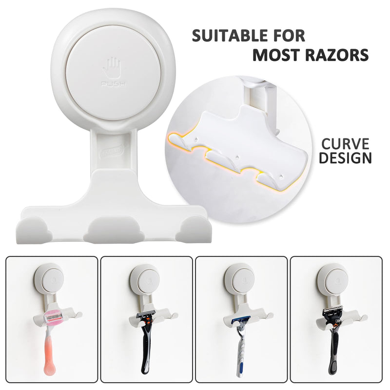 LEVERLOC Razor Holder for Shower 2 Pack, Powerful Suction Cup Shower Hooks for Towel, Loofah, Razor, Squeegee, Damage-Free Wall Hooks, Shaver Holder for Bathroom, Easy to Install and Reuse, White White, Round