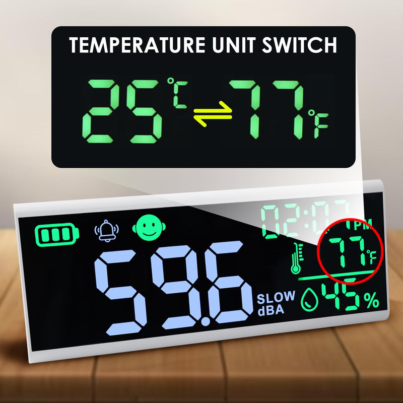 Decibel Meter 13 inches Sound Decibel Meter, Wall Hanging and Desktop Sound Level Meter Large LED Noise Meter Displays Decibel Time Temperature Humidity with Buzzer & Icons Alarm for Classroom Studio