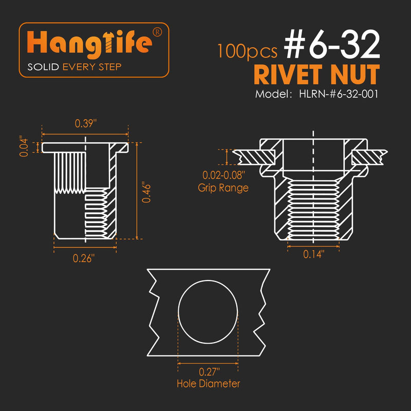 Rivet Nut, #6-32 UNC SAE Rivnut - Flat Head Nutserts, Zinc-Plated Carbon Steel Knurled Body Threaded Insert Nuts, 100 Pieces #6-32(100pcs)