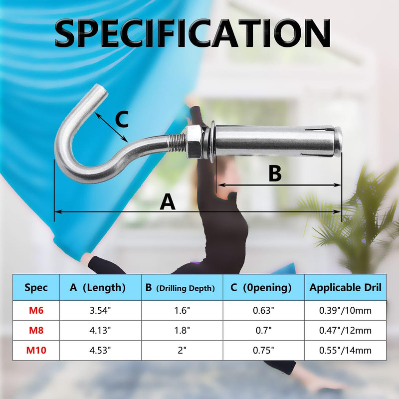 Concrete Wall Hook, Lsqurel 304 Stainless Steel Expansion Hook Heavy Duty Concrete Hook Open Cup Hook Expansion Bolts for Concrete Wall (M6-5Pack) M6-5Pack