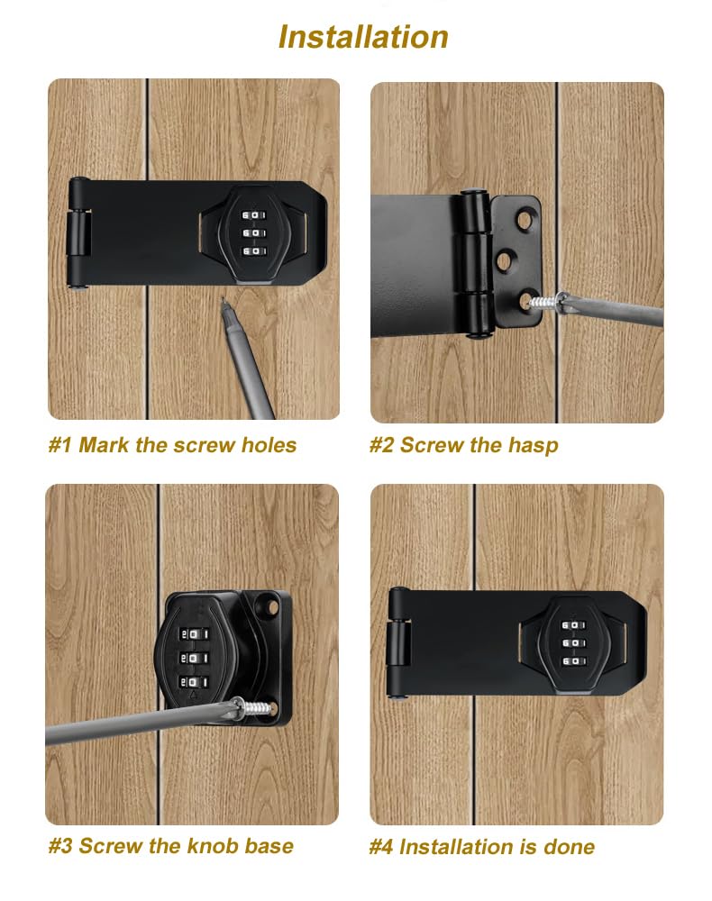 ETEKJOY Cabinet Lock Keyless 3-Digit Password Combination Code Hasp Latch Lock Twist Knob Wooden Drawer Cupboard (Black, 4 inch) Black