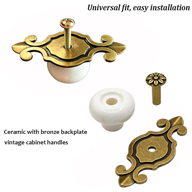 Retro Ceramic Cabinet Knobs, [12 Pack] Antique Vintage Dresser Knobs with Backplate, Drawer Pull Handles for Kitchen/Dresser Drawer/Cupboard/Wardrobe, White White-backplate 12 Pieces