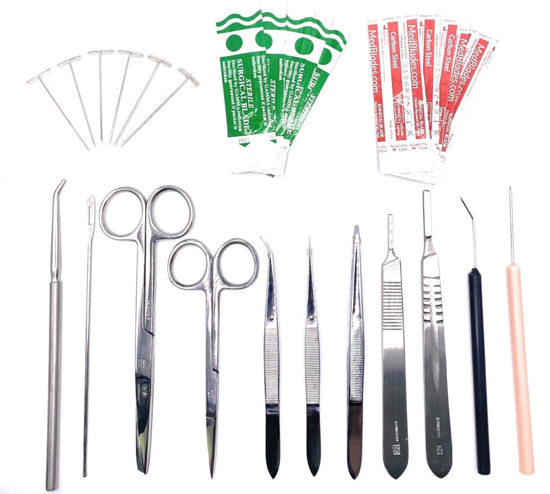 28 Piece Complete Dissection Kit with Dissecting Scissors, Forceps, Scalpels, Teasing Needles, Probes, and Deluxe Leather Case