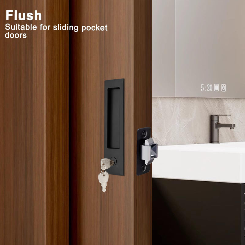 Dontay Pocket Door Handle, Modern Rectangular Keyed Entry Function, (Bed/Bath) Pull Latch, Recessed Sliding Door Hardware for 1 3/8” to 2 3/16” Thickness (Keyed Entry Lock, Matte Black, 1 Pack) Keyed Entry Lock