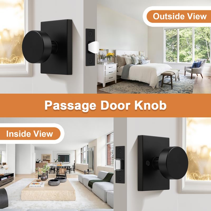 Probrico Black Door Knob Interior, Closet Door Knob Square Rose, Passage Door Handle, 1 Pack