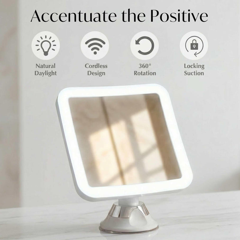 Fancii 10X Magnifying Lighted Makeup Mirror - Daylight LED Vanity Mirror - Compact, Cordless, Locking Suction, 6.5" Wide, 360 Rotation, Portable Illuminated Bathroom Mirror (Square) White