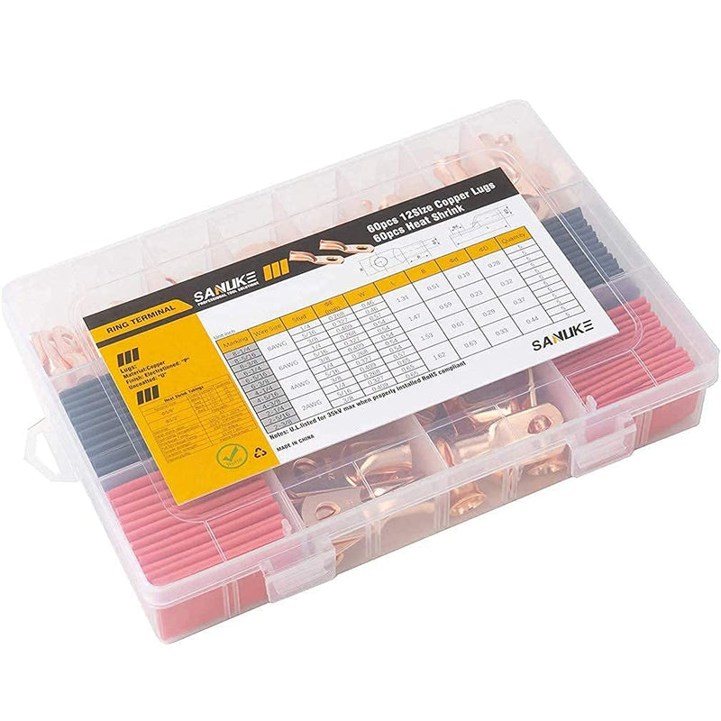 Sanuke 120Pcs AWG 8 6 4 2 Copper Wire Lugs with Heat Shrink Set, 60Pcs Heavy Duty Battery Cable Closed End Tubular Ring Terminals Connectors with 60Pcs Heat Shrink Tubing Bare Copper-120Pcs