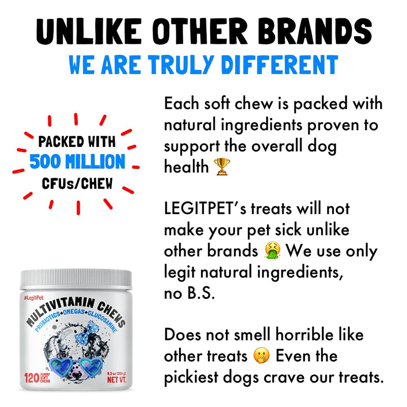 Dog Vitamins - 120 Multivitamins Chews w/Glucosamine Chondroitin, Probiotics Digestive Enzymes and Omegas - Supplement for Overall Health - Joint Support, Immune Health, Skin and Heart Health - PawsPlanet Australia