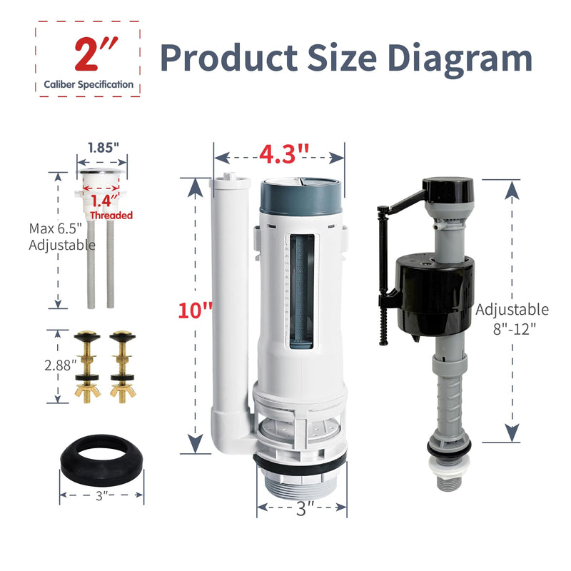 2-Inch Toilet Repair Kit Inside Tank with Dual Flush Valve Replacement, Includes Adjustable Fill Valve and Chrome Push Button for 2-Piece Toilet Fits 2-inch drain holes