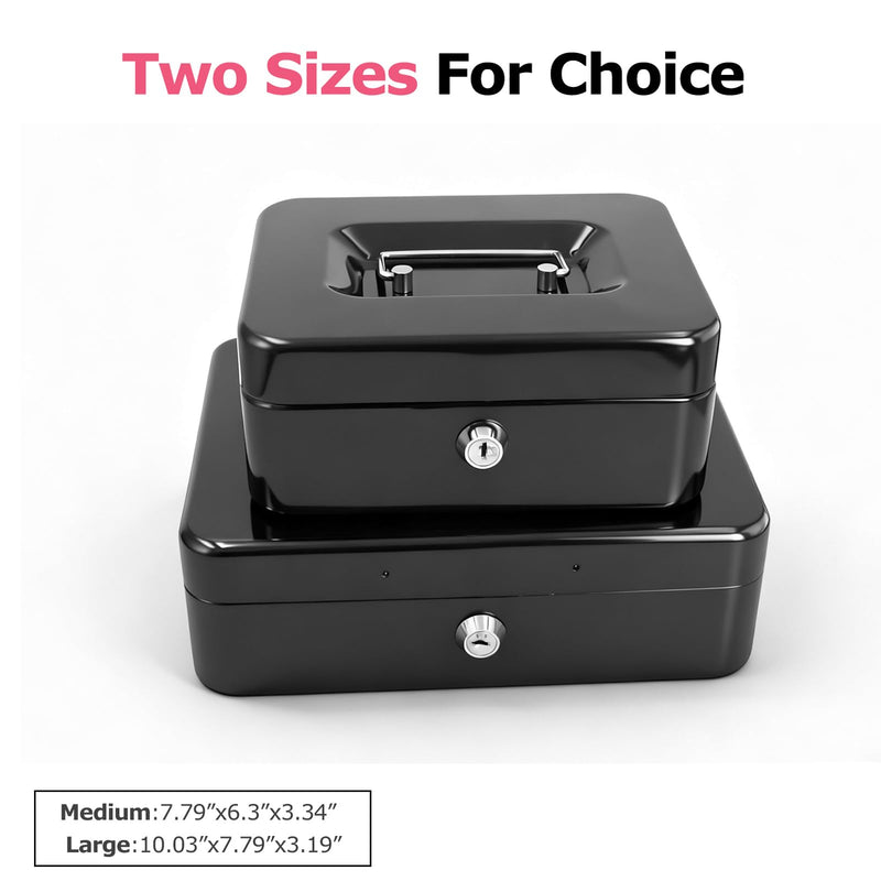 8" Cash Box with Money Tray | Metal Money Safe Lock Box Storage with Key for Valuables | Five Compartment Cash Tray Coin Drawer | 7.79"x6.30"x3.34" | Black Medium