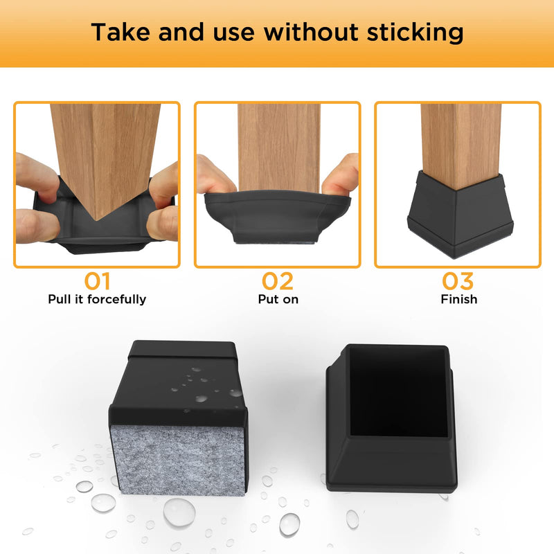 16 PCS Square Chair Leg Floor Protector, Silicone Chair Leg Cover, Furniture Leg Protectors with Felt, Mobile Table Leg pad, Protect The Floor from Scratches.1 1/2 in Black. Square L(1.26-1.57")