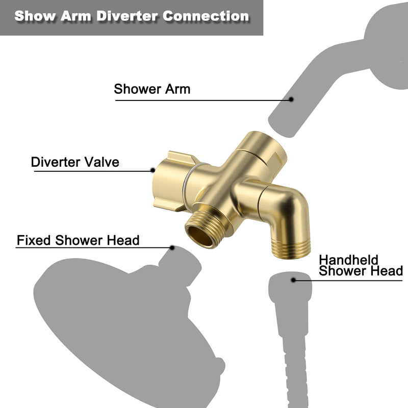 Solid Brass 3-Way Shower Arm Diverter Valve for Handheld Shower Head and Fixed Spray Head, G1/2 Universal Bathroom System Component Replacement Part (Brushed Gold) Brushed Gold