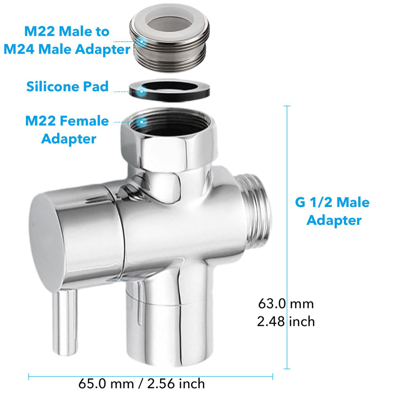 3 Way Shower Diverter Valve, Solid Brass Shower Diverter Valve, Sink Valve Diverter Faucet Splitter for Kitchen or Bathroom, Faucet Diverter Valve Adapter with M22-M24, M22-G1/2 Adaptor, Sliver metal sliver
