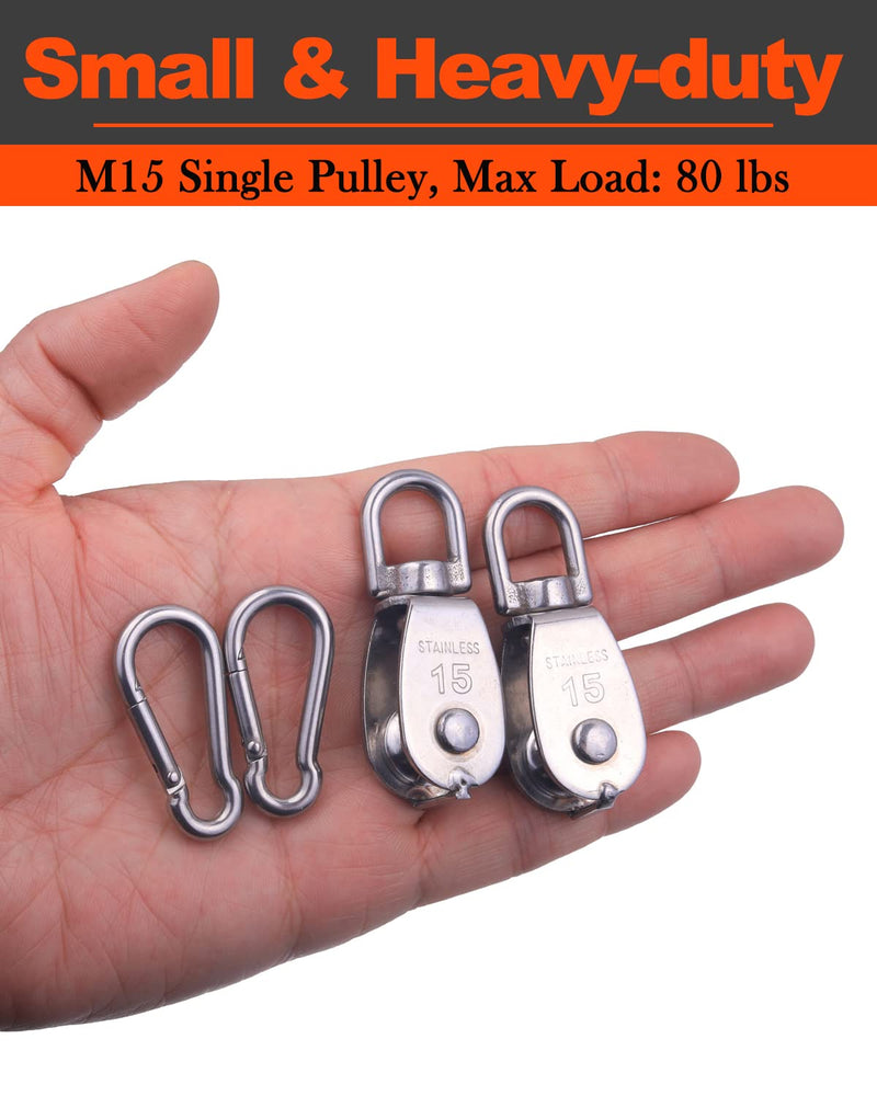 5 Pcs M15 Single Pulley Block, 304 Stainless Steel Lifting Crane Pulley, Wire Rope Hanging Pulley Wheel, with 5 Pcs Spring Snap Hook 5*M15 Pulley/Hook