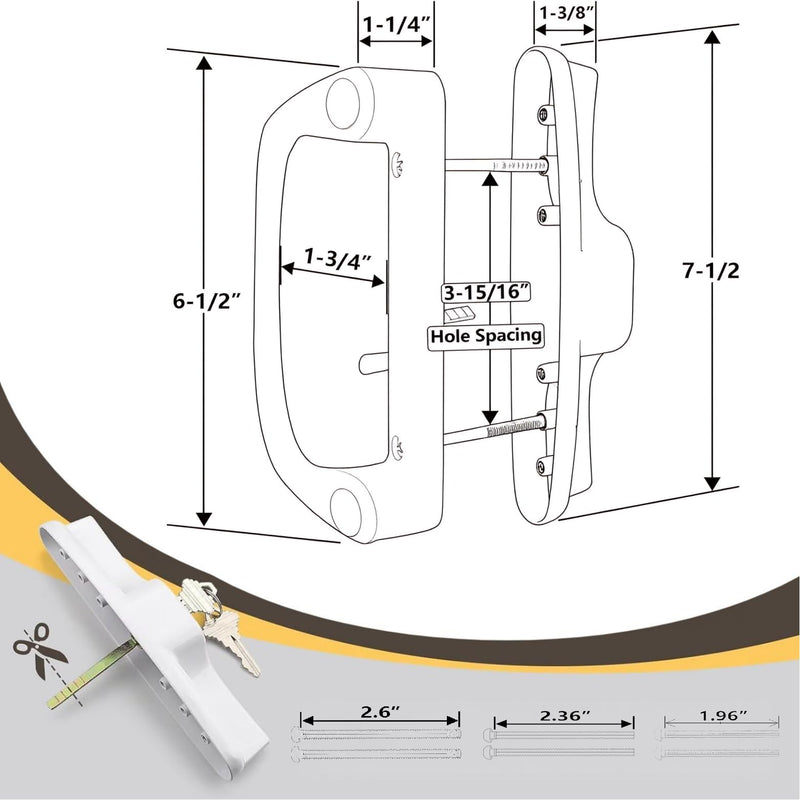 Aluminum Sliding Glass Patio Door Handle Set with Mortise Lock & Keys, Fits 1-1/4" to 2" Thick Doors 3-15/16" Hole Spacing, Adjustable Thumb Latch, Non-Handed, Black Keyed Handles + Mortise Lock