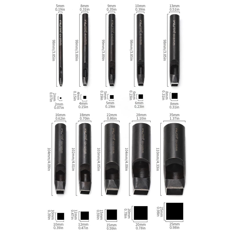 WUTA Square Leather Hole Punch,5PCS Steel Hollow Punch Tool Set for Belt,Watch Band,Leather Crafting（4mm+6mm+10mm+15mm+25mm ） 4mm+6mm+10mm+15mm+25mm (5pcs)
