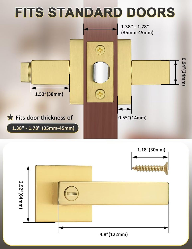 1 Pack Heavy Duty Gold Square Privacy Interior Door Levers, Satin Brass Finish, Bedroom and Bathroom Door Handles Keyless Bed/Bath Lockset 1 Pack Gold-Privacy