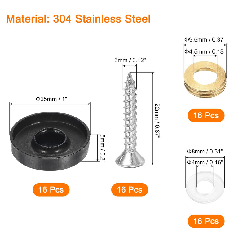 uxcell 16 Pcs Screw Covers Caps, 304 Stainless Steel Mirror Screws Decorative Caps Cover Nails, Mirror Screws Fasteners for Sign Advertising Hardware Construction, 25mm Diameter, Black