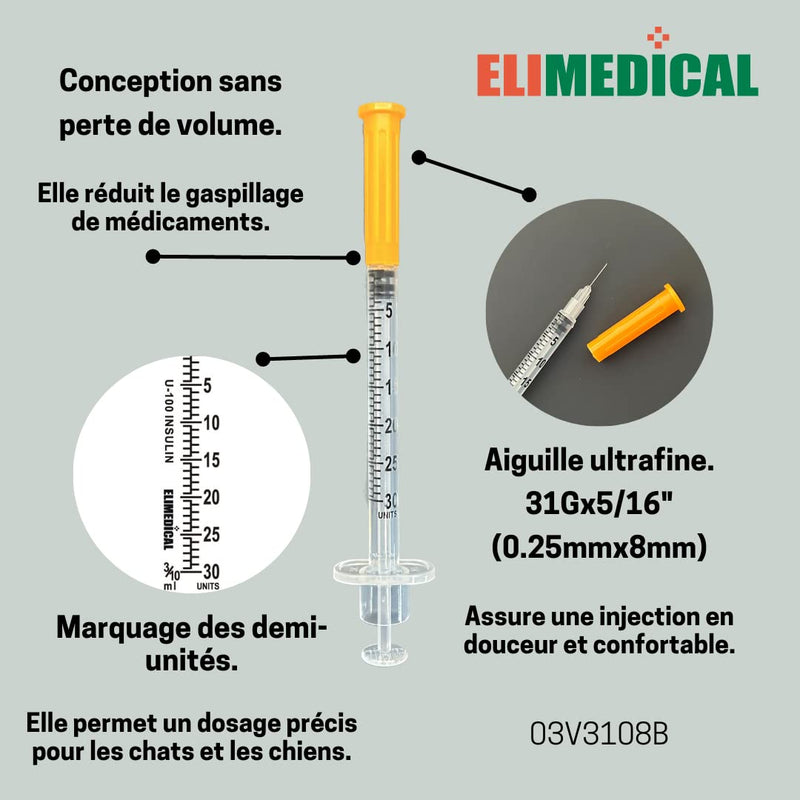 Veterinary Insulin Syringe U-100 0.3cc (ml), 31G x 5/16 inch (7.9mm), Individually Packed, for Pet Cat or Dog, 100 per box, 03V3108B