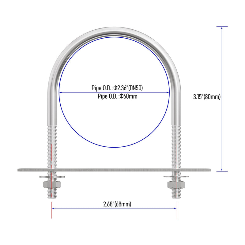 4 Sets 304 Stainless Steel Round Bend U-Bolts 2.36"(60mm) Inner Width 3.15"(80mm) Length M6 with Nuts, Frame Plate, Washers, Accessories for Boat Trailer Axle Sailboat Trailer 60×80mm(W*L)