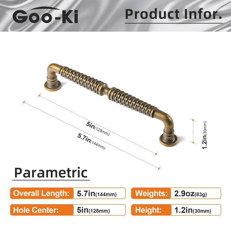 Goo-Ki 6 Pack Woven Cabinet Pulls Antique Brass Drawer Pulls - 5.04" c-c Vintage Brass Solid Weave Pulls Retro Dresser Handles Zinc Alloy Kitchen Cabinet Hardware 5.04"(128mm) Center to Center